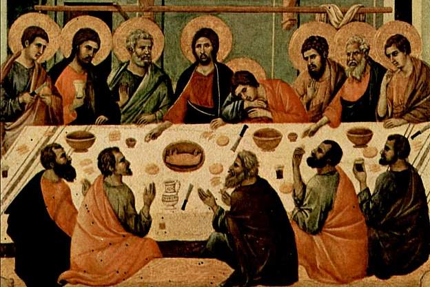Detail from a 14th-century alter painting dipicting the Last Supper, by Italian painter Duccio di Buoninsegna.  Maunday Thursday services commemorate the Last Supper.