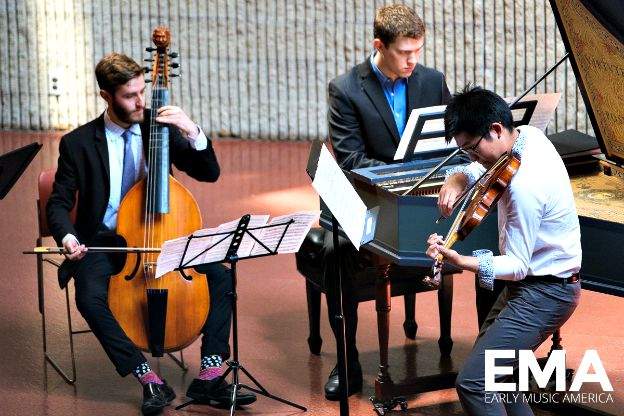 Members of Different Birds (Peabody Conservatory) performing at the 2015 Young Performers Festival: Patrick Merrill, harpsichord; Niccolo Seligmann, viola da gamba; Alan Choo, baroque violin.
