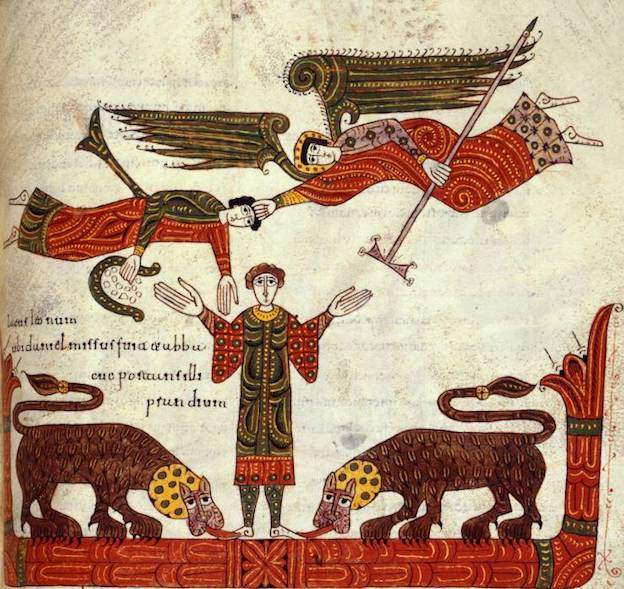 A 12th century illuminated manuscript, depicting Daniel in the lion's den.
