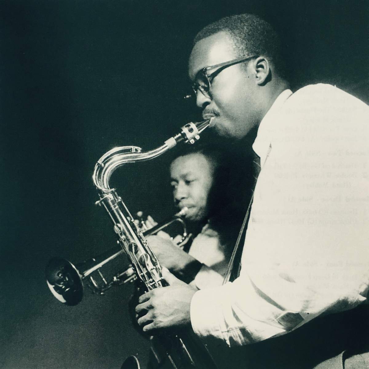Trumpeter Lee Morgan and saxophonist Hank Mobley recording for the album PECKIN' TIME in 1958.  (Photo by Francis Wolff)