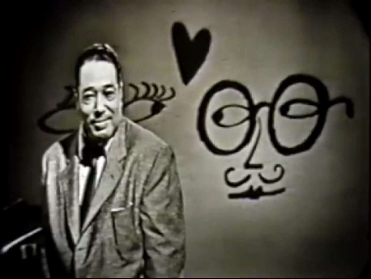 A still from Duke Ellington's appearance on "Music '55" with background illustrations by Andy Warhol.