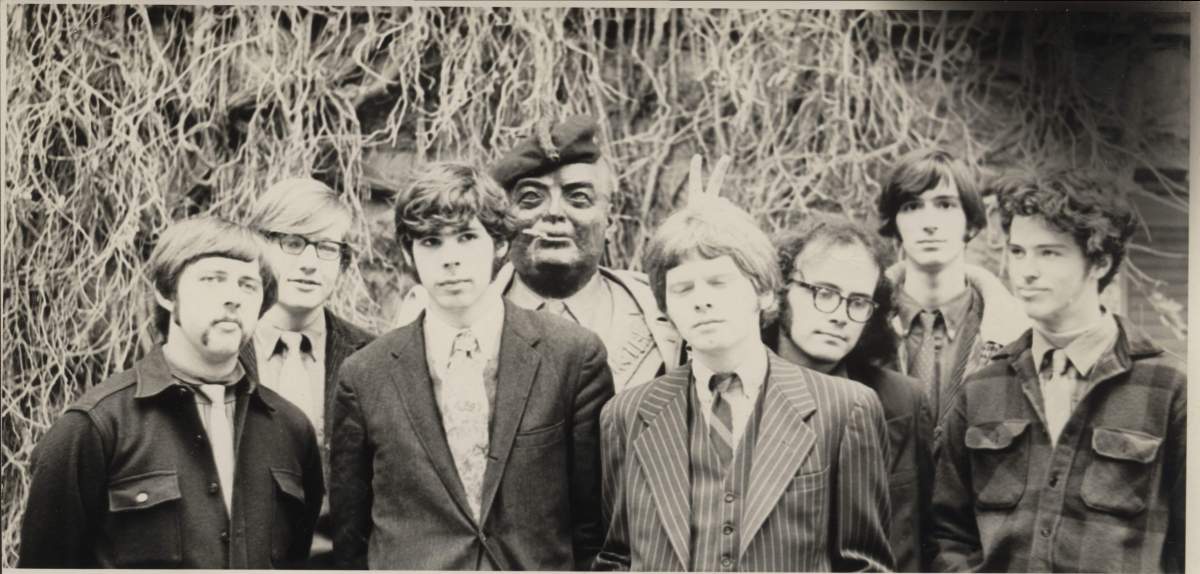 A late-1960s publicity photo for Mrs. Seaman's Sound Band.  Michael Brecker is second on the right.  The bust of Indiana University chancellor Herman B. Wells has received a festive countercultural makeover.  (Photo courtesy of William Paterson University's Brecker Archive, donated by Randy Sandke.)