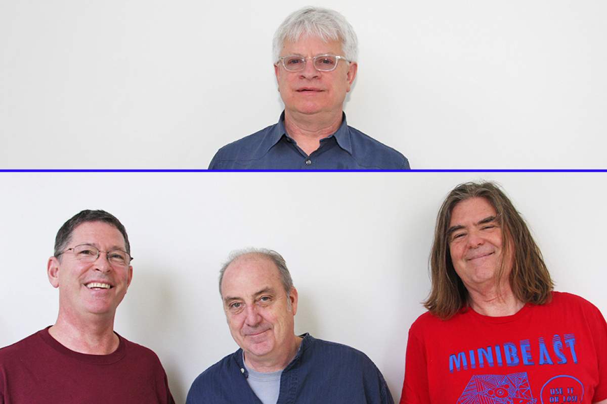 On top, Rick Prelinger in transparent-framed glasses and dark blue shirt. He has white hair. On bottom, the three members of the Alloy Orchestra in casual shirts
