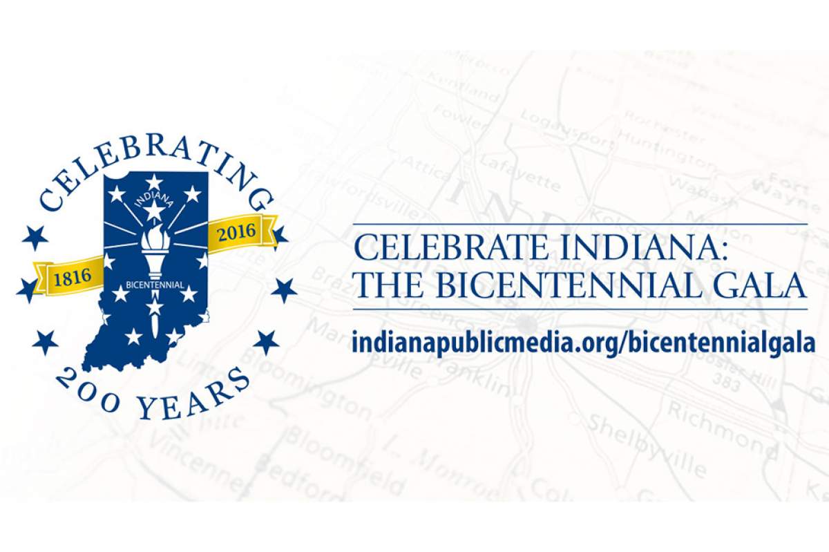 Logo for the Indiana Bicentennial Gala, consisting of the words "Celebrating 200 Years" surrounding a map of Indiana with a torch inside, and behind it a banner with the years 1816 and 2016.