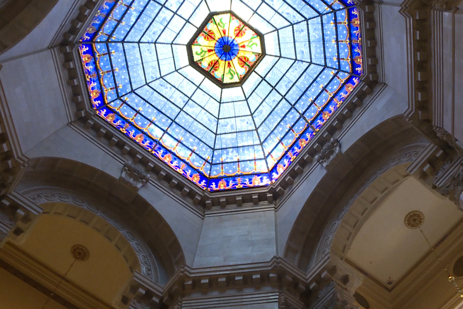 Stained glass interior dome of the indiana statehouse. 