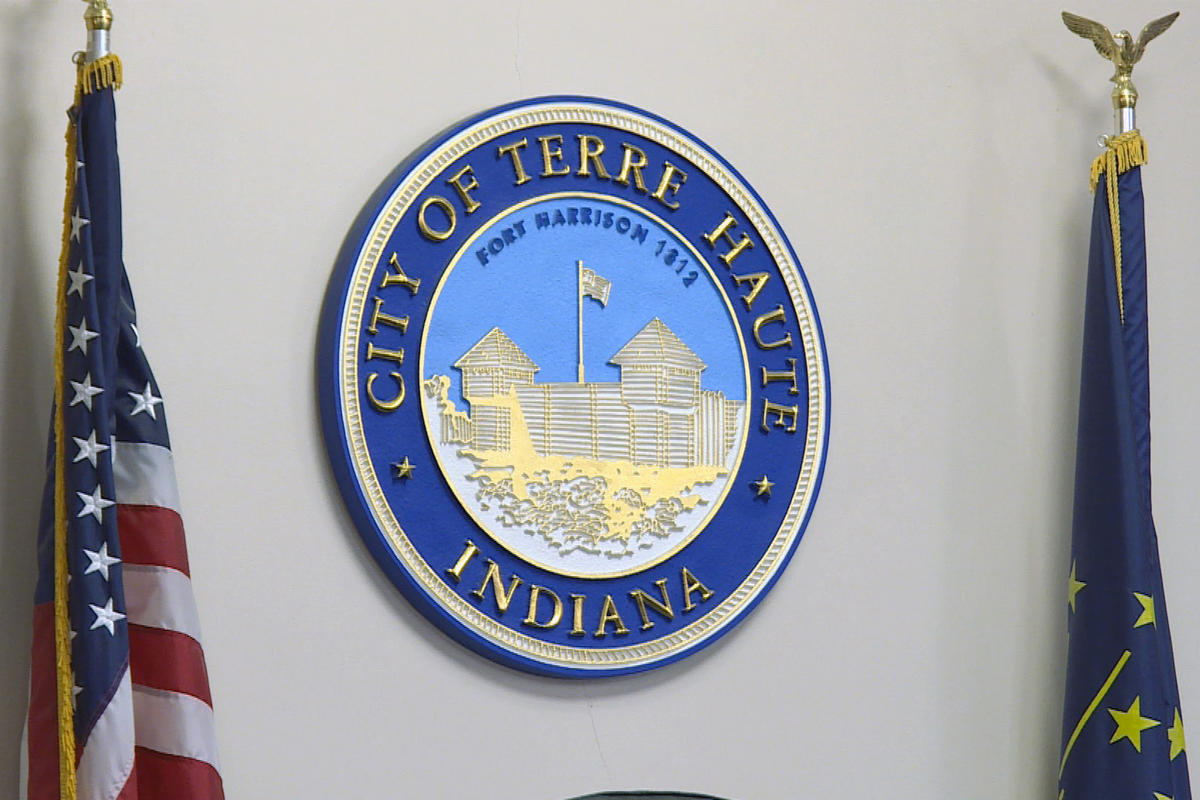 The Terre Haute city seal hanging on a wall