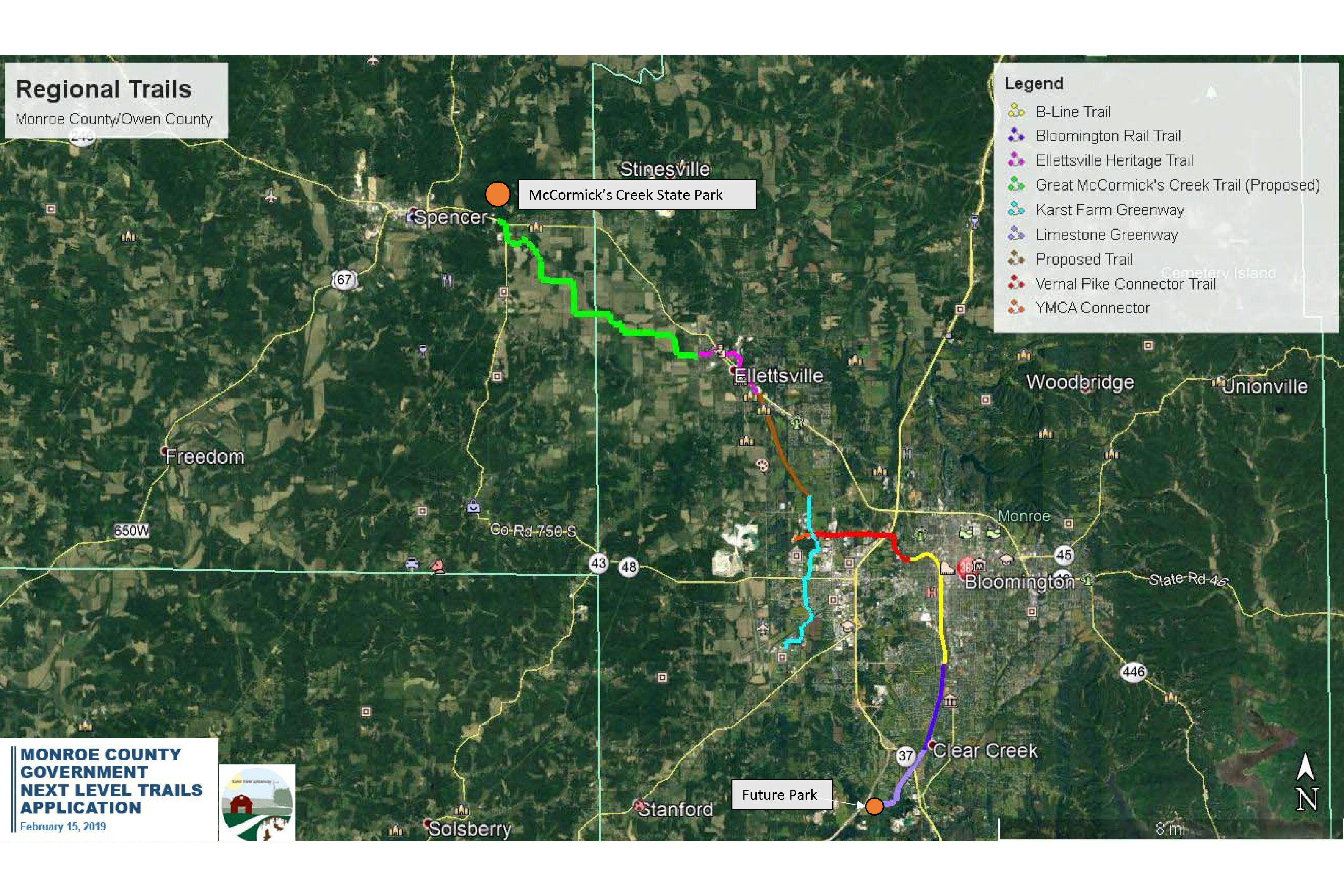 A map showing all current and proposed trails in monroe county