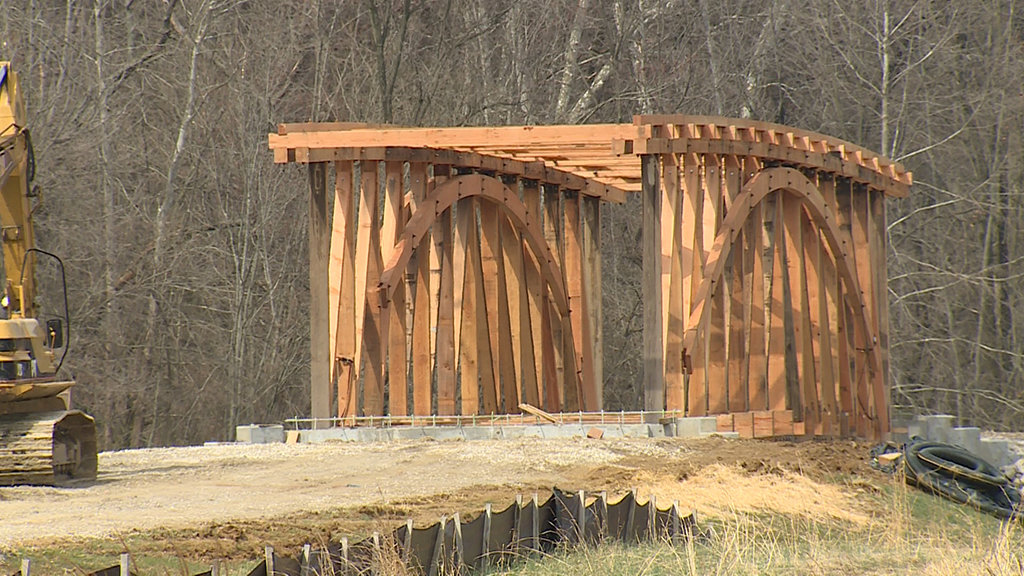 Image of the covered bridge being built over Beanblossom Creek in Monroe County