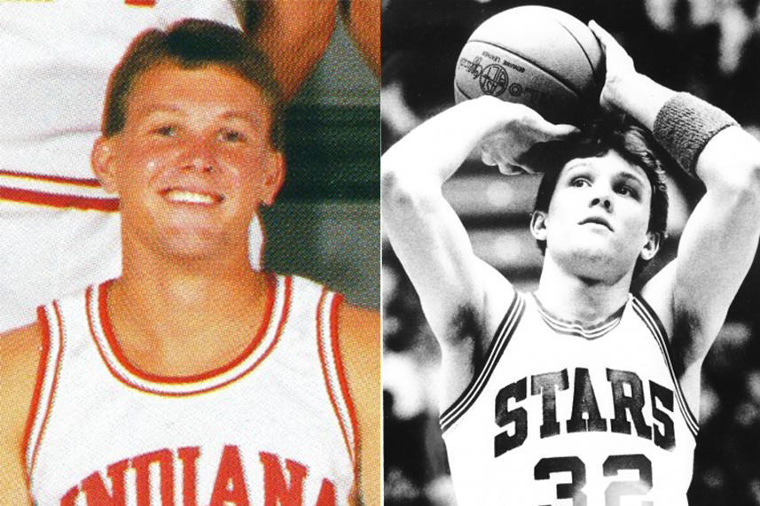 Damon Bailey poses for a picture, left, and shoots a basketball, right.
