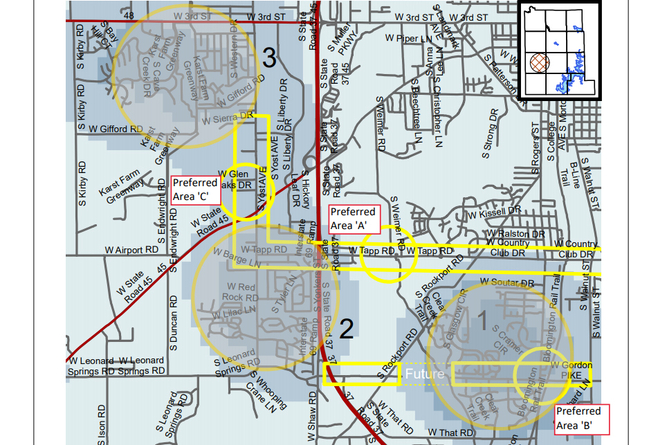 A map showing three potential locations for a new library branch on the south west side of bloomington