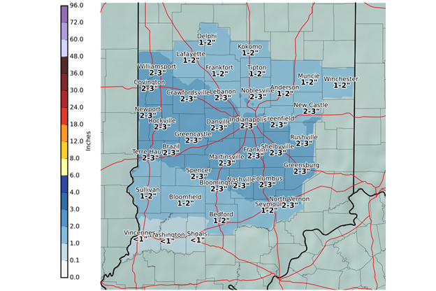 National Weather Service map showing 2 to 3 inches of snowfall over southern Indiana