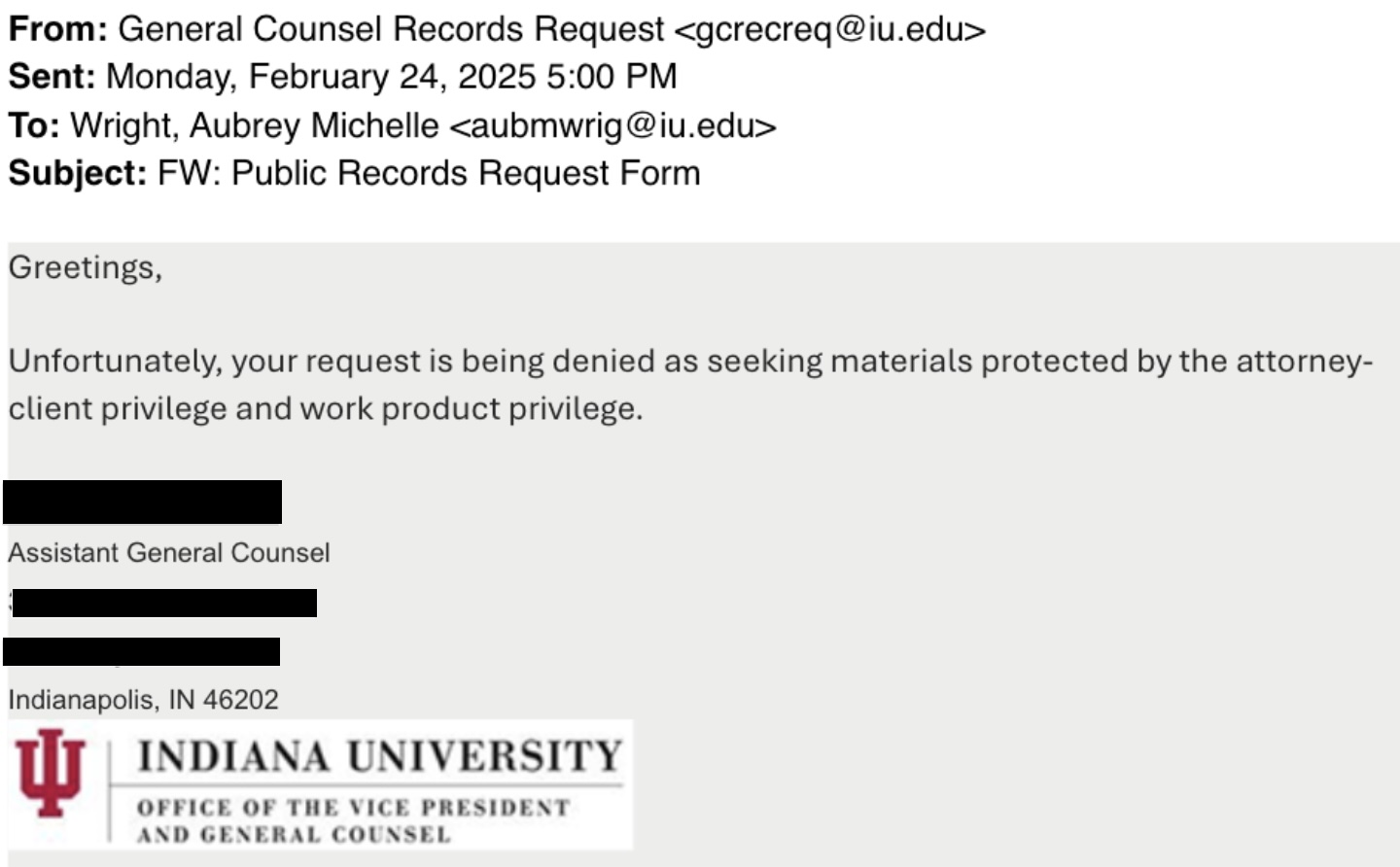 Screen shot of IU records request denial