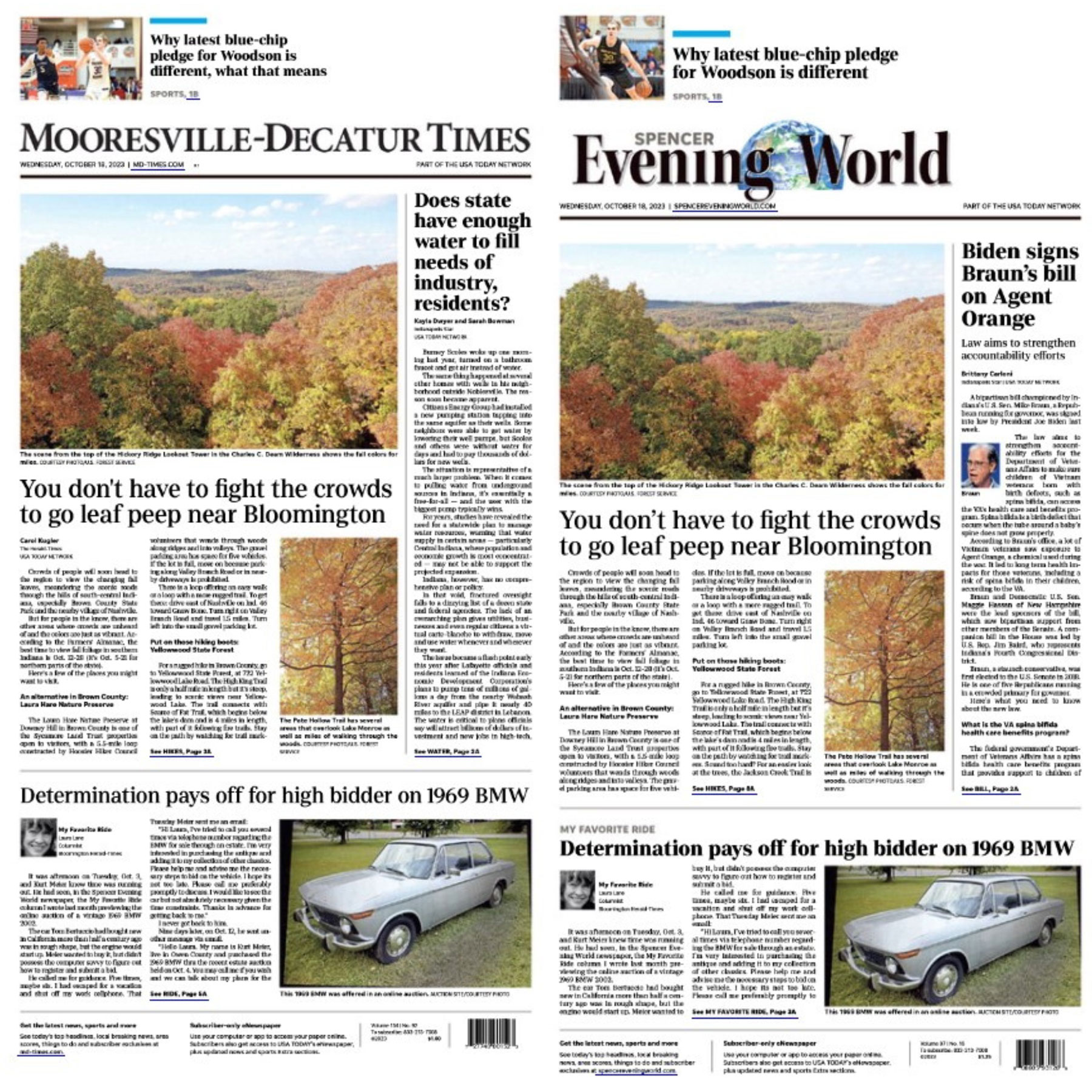 The Spencer Evening World and the Mooresville Decatur Times display almost the same front page on Wednesday, October 18, 2023