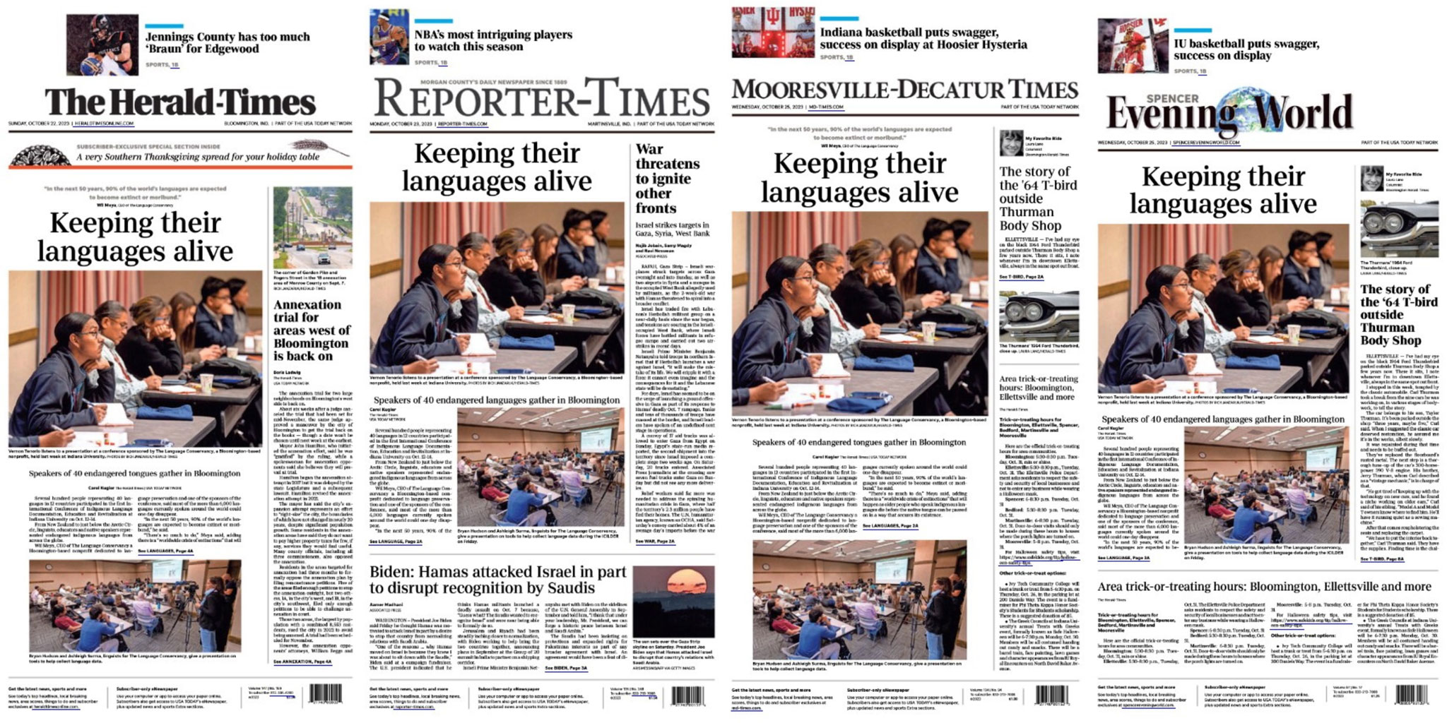 The Herald-Times in Monroe County, Mooresville-Decatur Times, Spencer Evening World and Martinsville Reporter-Times using the same stories across multiple front pages. Martinsville Reporter-Times ran this story on Monday, Oct. 23, both Mooresville-Decatur and Spencer ran this story on Wednesday, Oct. 25, and Herald-Times ran this story on Friday, Oct. 27.