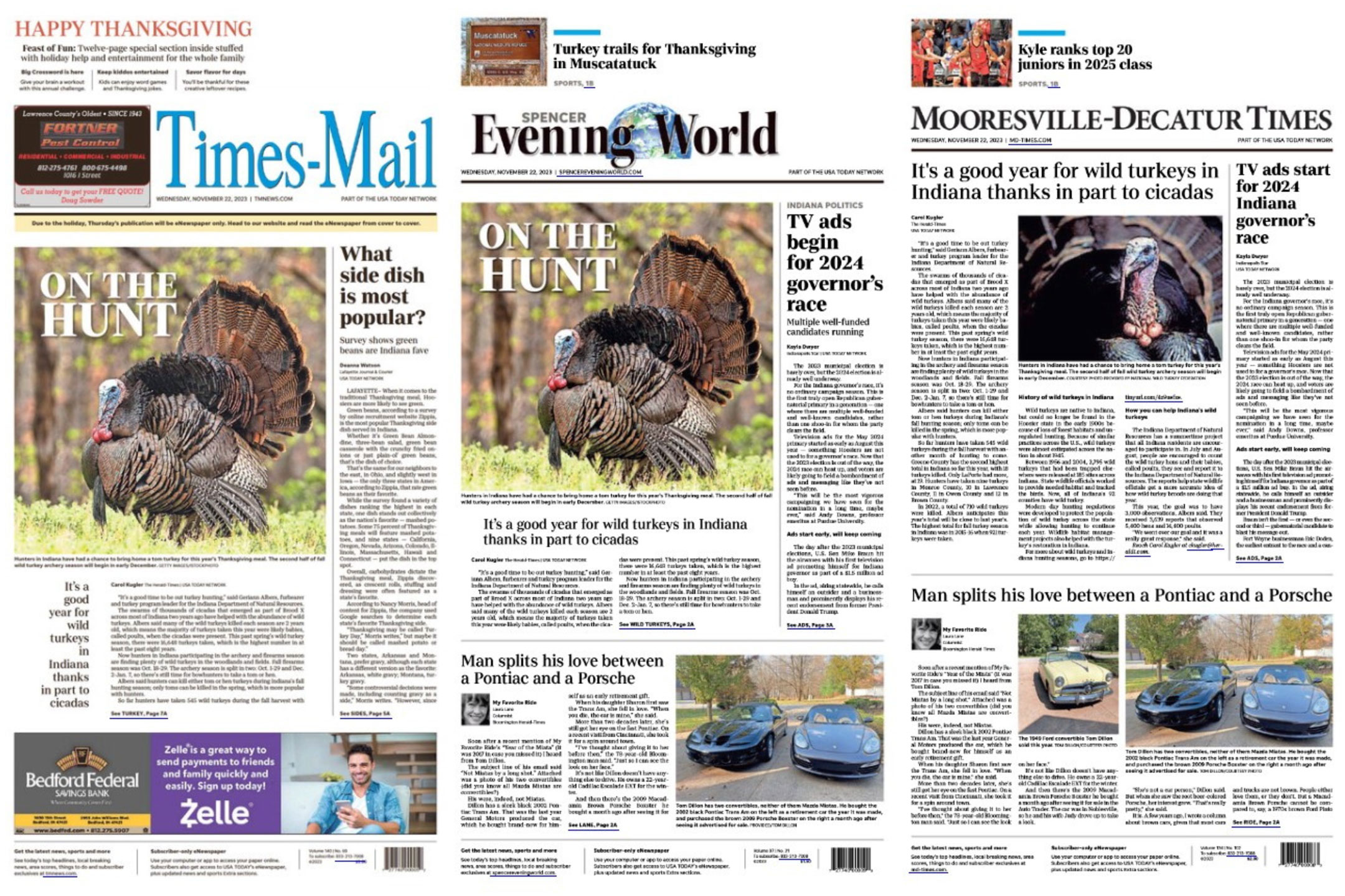 Comparison of the front pages of the Mooresville, Spencer, and Bedford newspapers, showing very similar headlines and photography.