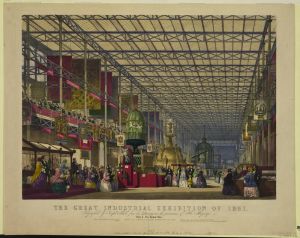 A colorful lithograph illustration of the exhibition hall in 1851