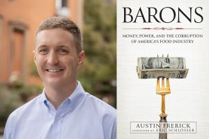 Headshot of Austin Frerick and the cover of his book, Barons