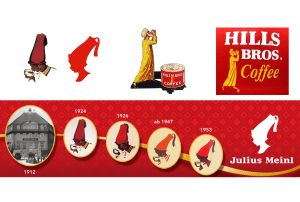 A collection of logos in various stages of graphic styles for Julius Meinl coffee and Hills Bros Coffee