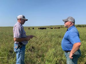 Rancher John Dueken and Kent Wamsley grazing cattle 