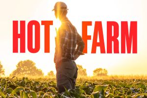 Hot Farm in bold red letters with a photo of the back of a man in plaid with a ballcap looking towards a sun standing in a field of corn plants