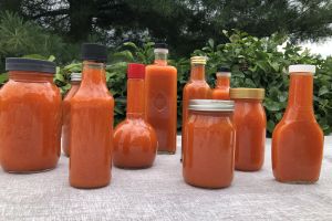 hot sauce bottles and jars of various shapes and sizes on a table outside with greenery in the background