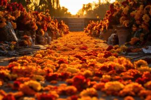 A path of colorful marigolds in a cemetary celebrating the Day of the Dead