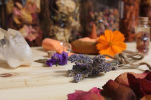 Dried flowers, crystals, and herbs on a table