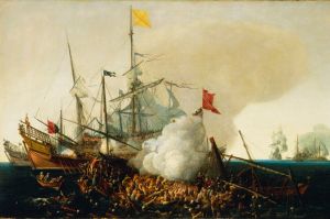 Painting of Spanish Men-of-War Engaging Barbary Corsairs
