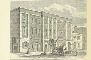 Drawing of the Lincoln's Inn Fields Theater from London in the 1860s.