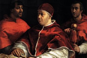 From a portrait of Pope Leo X by Raphael, 1518-19.