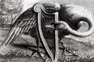 Black and white engraving of a swan plucking the strings of a harp.