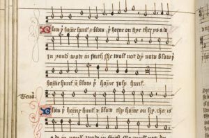 Manuscript music for the C16 song 'Blow thy horn, hunter."