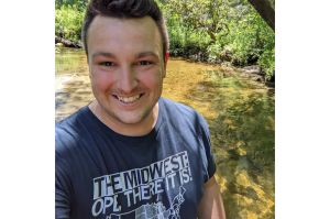 Historian Cory Haala in a Midwest map shirt