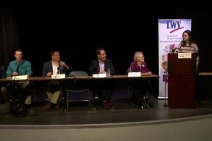 From left to right, Eric Doden, U.S. Sen. Mike Braun (R-Ind.), Lt. Gov. Suzanne Crouch, and Brad Chambers participated in the first televised debate of the 2024 Republican gubernatorial primary on March 26, 2024