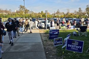 Voters line up outside of the MSD Lawrence Education & Community Cente