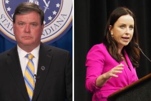 A triptych of the three lieutenant governor candidates as they speak into microphones with a blue curtain behind them. From left, Terry Goodin, Tonya Hudson, and Micah Beckwi