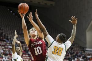 Indiana's Aleksa Gulbe goes up for a shot against Norfolk State Tuesday night.