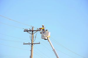 electrical worker fixes a power line