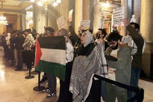 Protestors rally outside of the Indiana House chamber against House Bill 1002, which defines antisemitism and bans its teaching at Indiana schools, Thursday, Jan 18, 2024, in Indianapolis.
