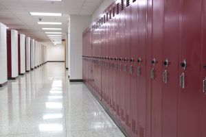 A row of red lockers at Bloomington High School North