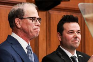 Gov. Mike Braun addressed a room full of administration officials and state lawmakers during a celebration of his first 100 days in office on April 30, 2025.