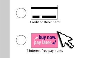 An illustration of a fake online shopping cart. There are two options: credit or debit card or buy now, pay later. An illustrated mouse arrow hovers over the buy now, pay later logo with a shadow cast underneath it.