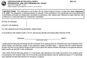 Under Indiana law, the chairs of the major parties must certify the names of the presidential and vice presidential candidates, as chosen by the national party convention delegates, to the Indiana Election Division.