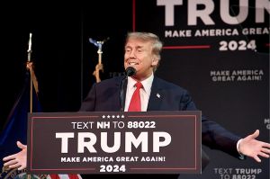 Former President Donald Trump holds campaign rally at the Rochester Opera House in Rochester, New Hampshire, on Sunday, January 21, 2024. New Hampshire's first-in-the-nation primary occurred two days later.