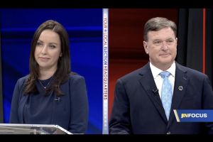 A screenshot of Destiny Wells and Todd Rokita at the Indiana attorney general candidate debate.