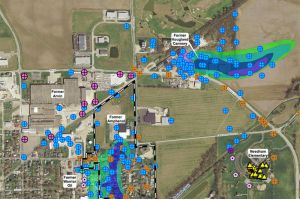 This map shows part of two plumes of contamination in the groundwater in Franklin — one near the Amphenol site and one near the old Hougland Tomato Cannery.