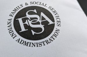 A close up of the Indiana Family and Social Services Administration logo on a piece of mail.