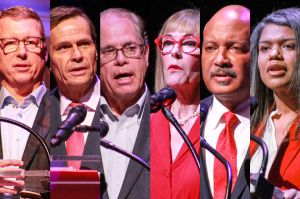 Indiana's six Republican candidates for governor in 2024 are, from left to right, Eric Doden, Brad Chambers, Mike Braun, Suzanne Crouch, Curtis Hill and Jamie Reitenour.