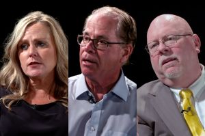 Three separate images put together, of Mike Braun, Donald Rainwater and Jennifer McCormick. Braun is a White man with dark, graying hair. He is wearing glasses and holding a microphone. Rainwater is a White man, bald, with a white goatee. He is weari