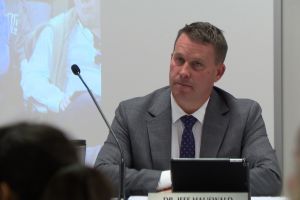 MCCSC superintendent Jeff Hauswald looks on during Tuesday night's school board meeting.
